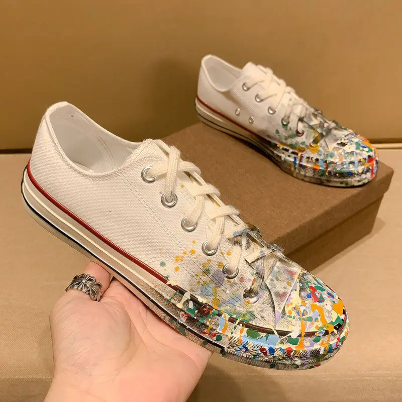 Womens Spring New Lace-Up Painted Low Heels Pumps Fashion White Canvas Shoes Work Ladies Low Cut Casual Shoes Retro Footwear