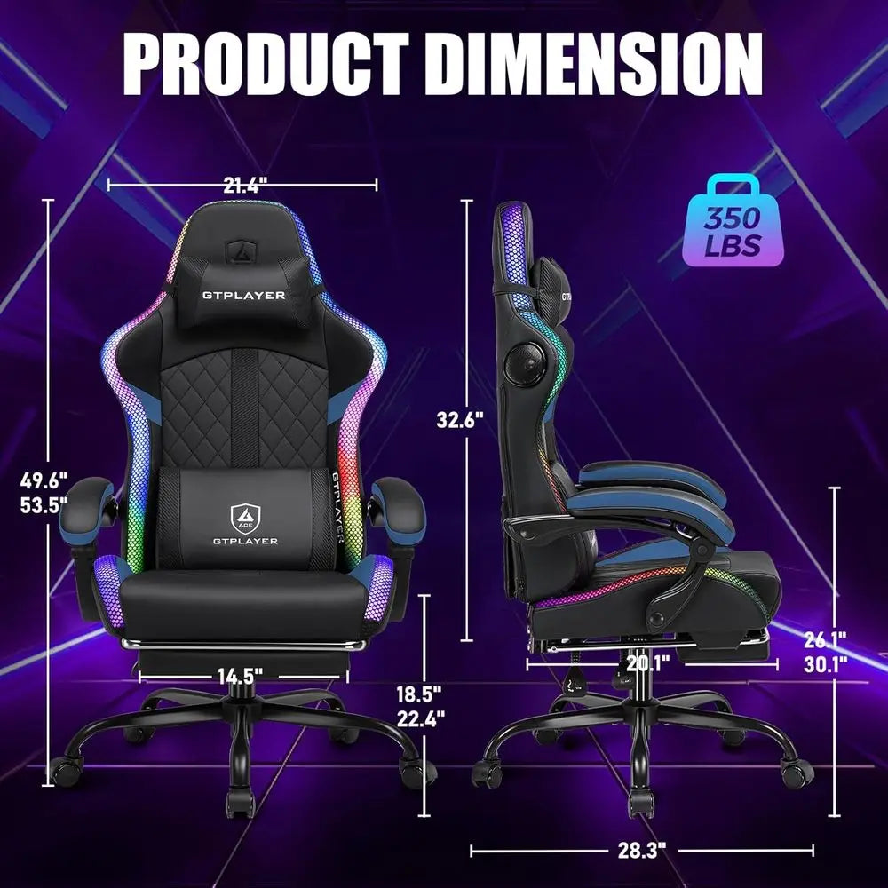 LED Illuminated Gaming Chair with Speakers - Reclining PC Chair for Adults, Home Office Desk Chair with Footrest, Blue