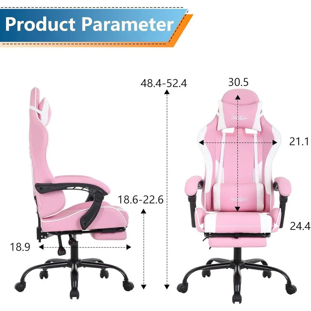 Pink Ergonomic Racing Style Gaming Chair with Lumbar Support, Adjustable Armrests, and Swivel Function