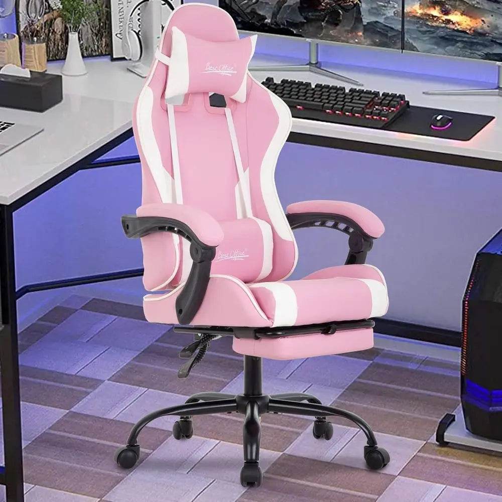 Pink Ergonomic Racing Style Gaming Chair with Lumbar Support, Adjustable Armrests, and Swivel Function