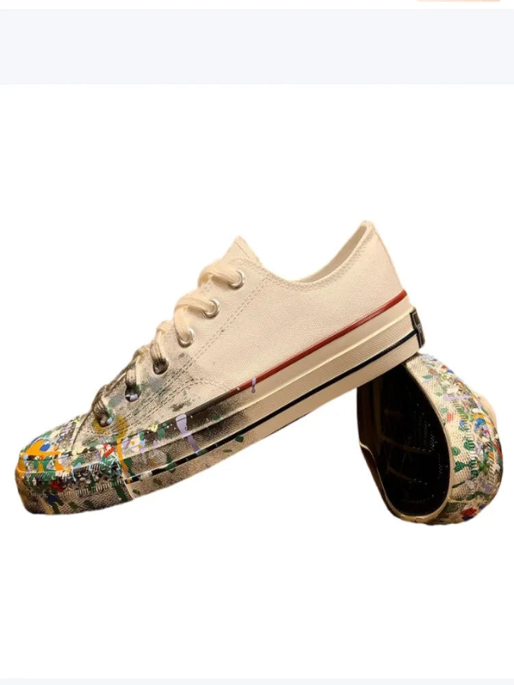 Womens Spring New Lace-Up Painted Low Heels Pumps Fashion White Canvas Shoes Work Ladies Low Cut Casual Shoes Retro Footwear