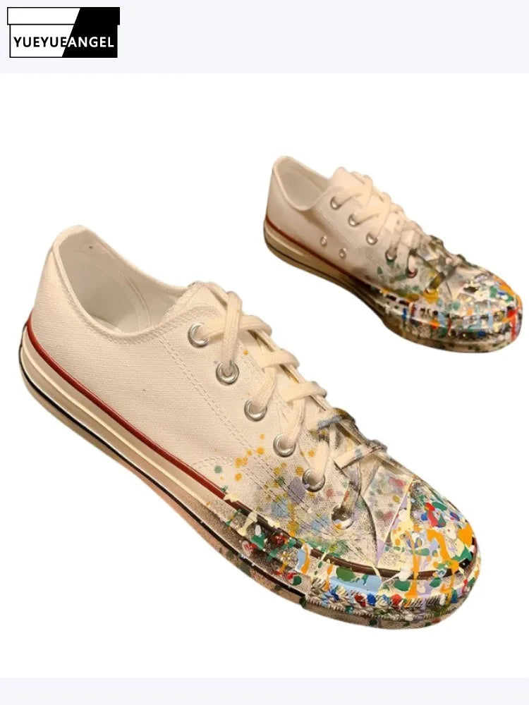 Womens Spring New Lace-Up Painted Low Heels Pumps Fashion White Canvas Shoes Work Ladies Low Cut Casual Shoes Retro Footwear
