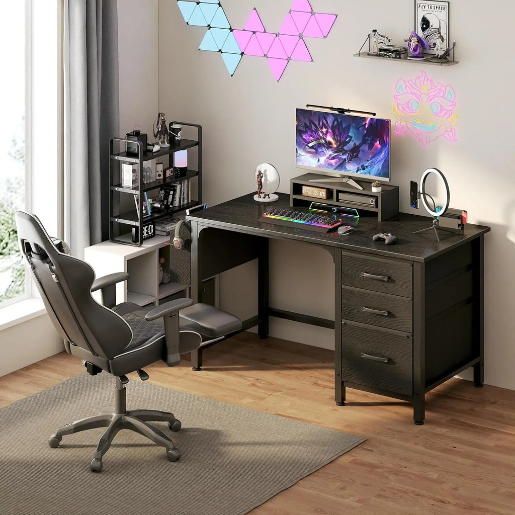 47 Inch Reversible Home Office Desk with File Drawers Cabinet for Small Space, Gaming Study Writing Table