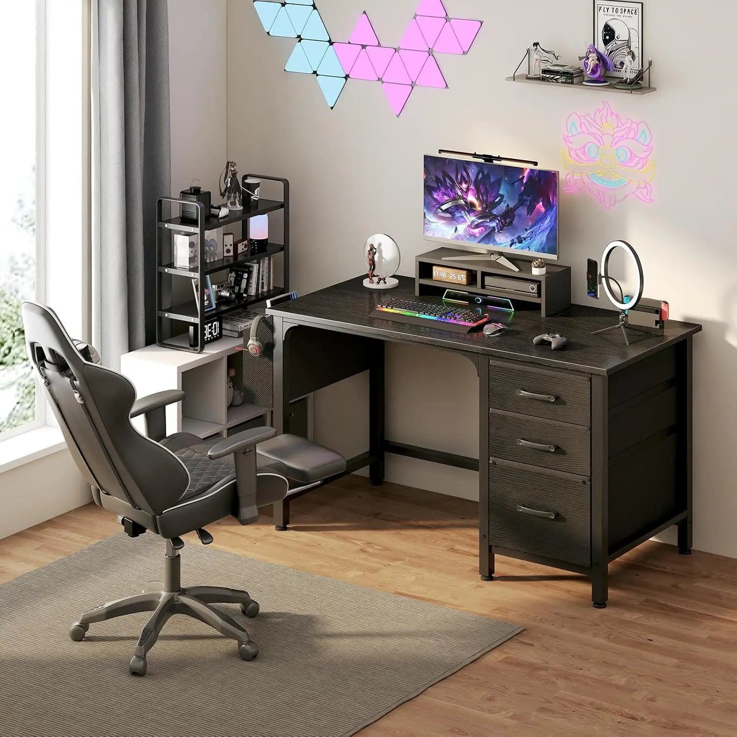 47 Inch Reversible Home Office Desk with File Drawers Cabinet for Small Space, Gaming Study Writing Table