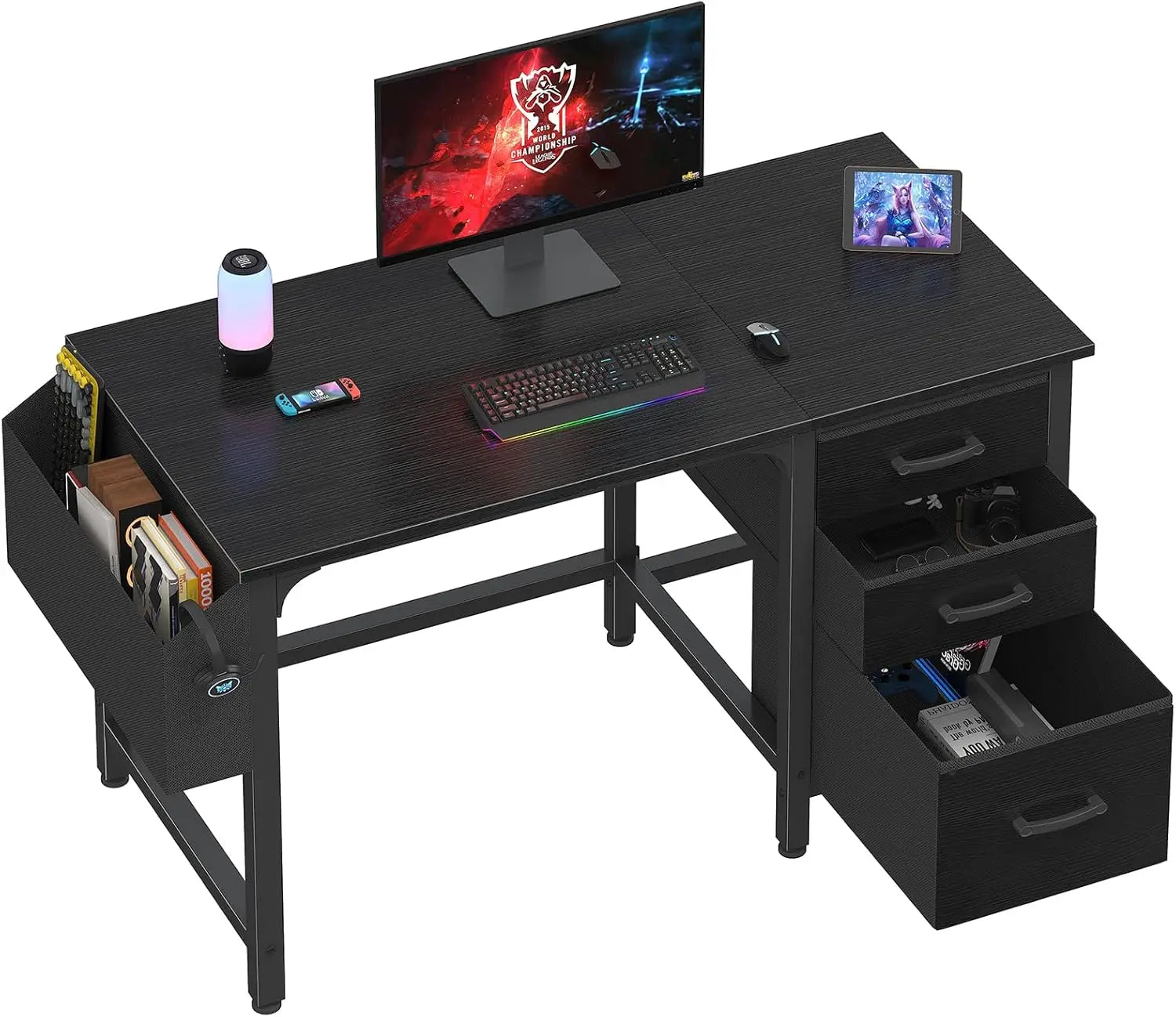 47 Inch Reversible Home Office Desk with File Drawers Cabinet for Small Space, Gaming Study Writing Table