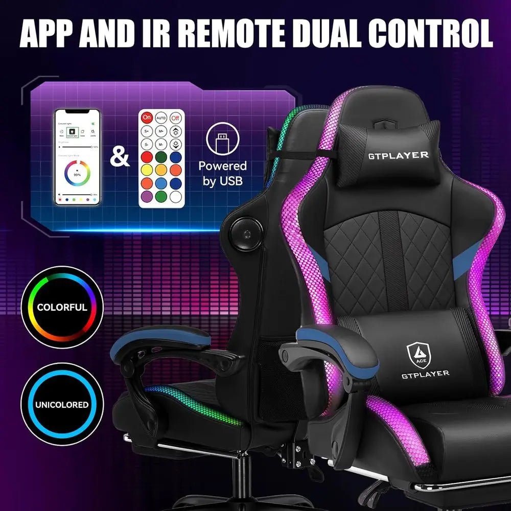 LED Illuminated Gaming Chair with Speakers - Reclining PC Chair for Adults, Home Office Desk Chair with Footrest, Blue