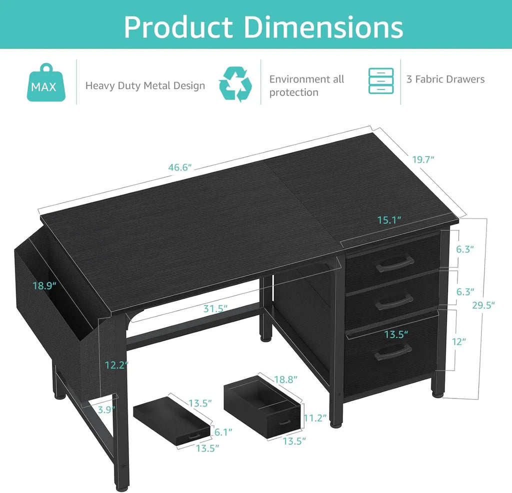 47 Inch Reversible Home Office Desk with File Drawers Cabinet for Small Space, Gaming Study Writing Table
