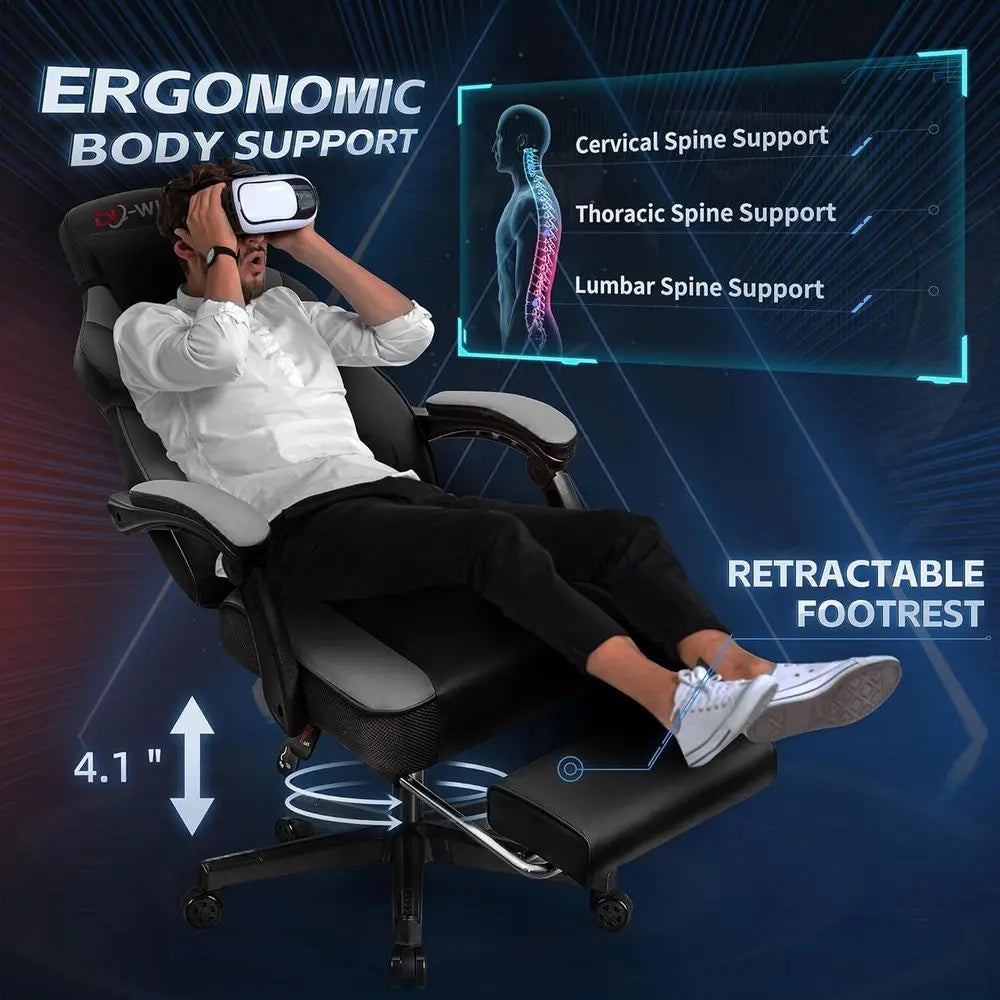 Luxury High-Back Swivel Gaming Chair with Massage, Lumbar Support for Big & Tall Adults, Grey
