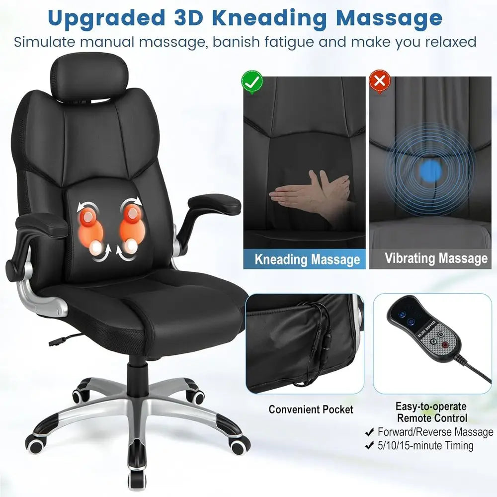 Ergonomic Massage Office Chair with Removable Lumbar Cushion, Adjustable Recline, and Padded Armrests for Home or Office Use, Bl