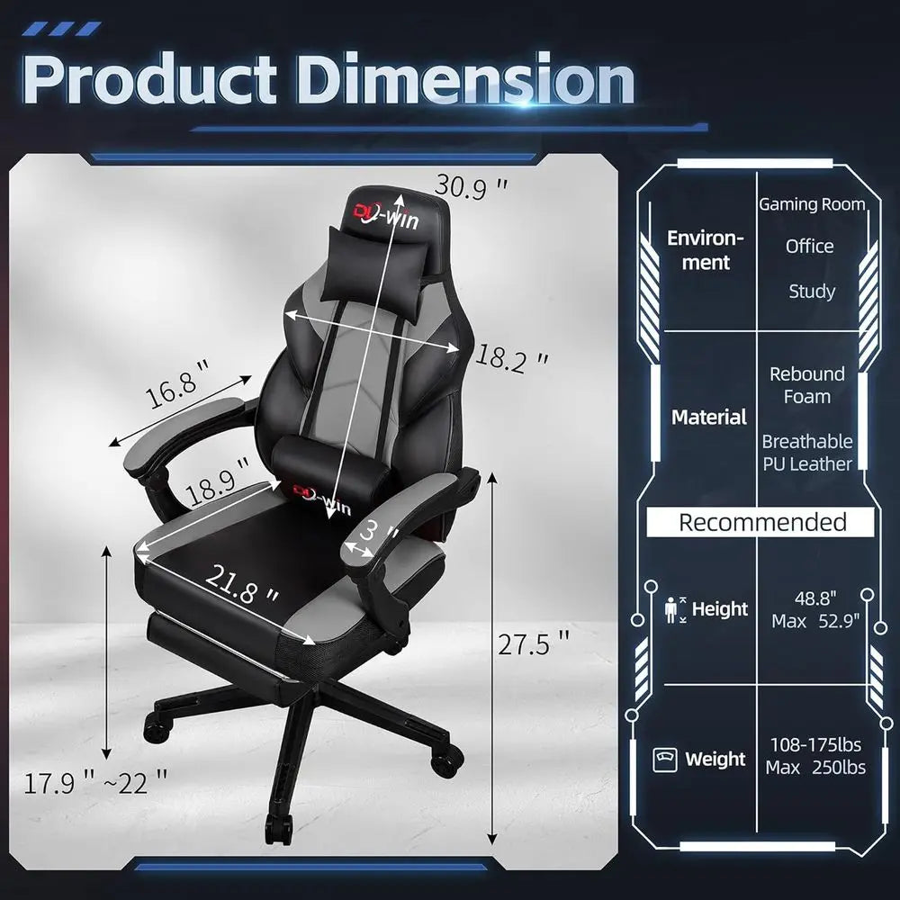 Luxury High-Back Swivel Gaming Chair with Massage, Lumbar Support for Big & Tall Adults, Grey