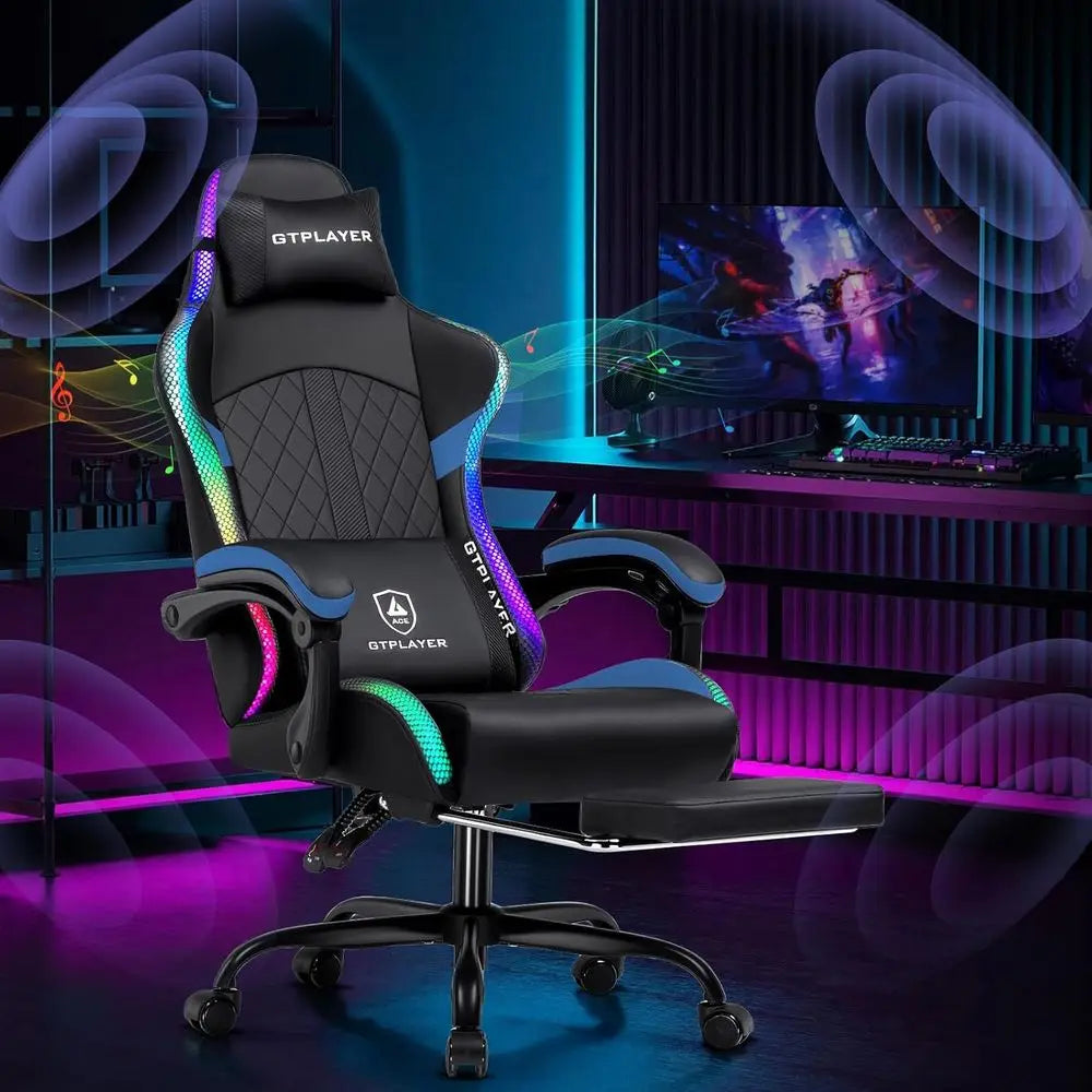 LED Illuminated Gaming Chair with Speakers - Reclining PC Chair for Adults, Home Office Desk Chair with Footrest, Blue