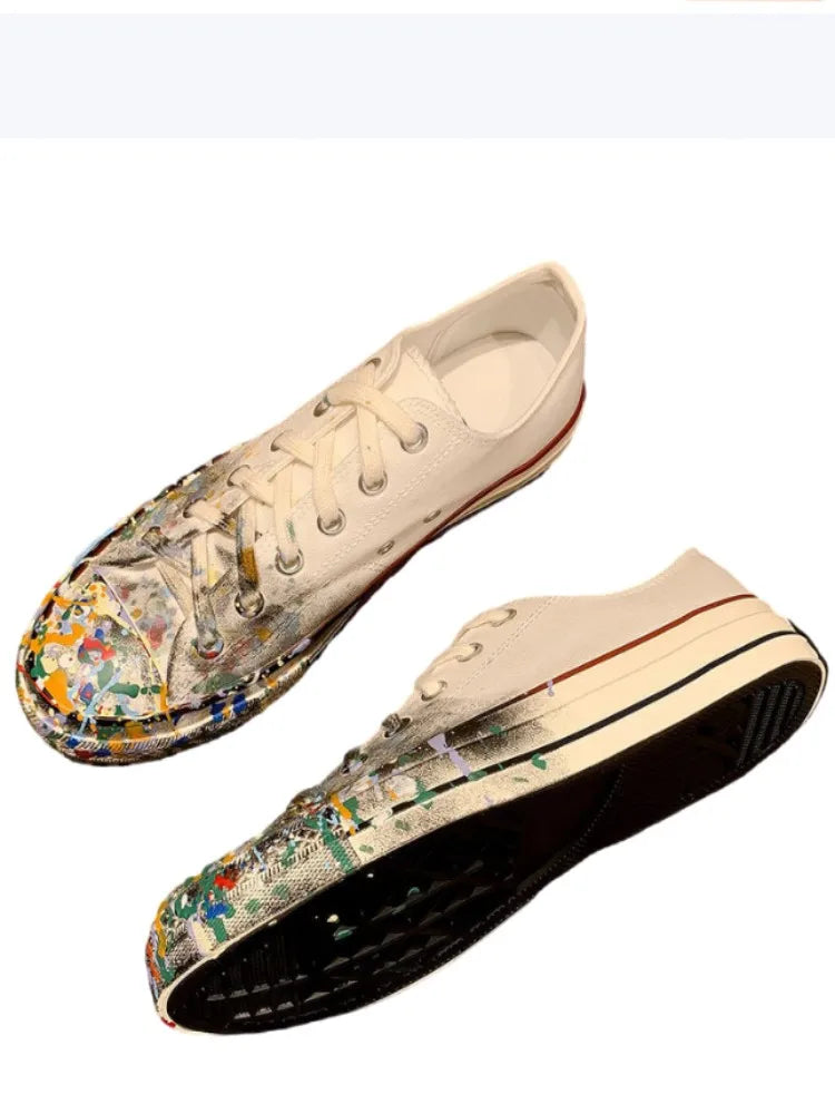 Womens Spring New Lace-Up Painted Low Heels Pumps Fashion White Canvas Shoes Work Ladies Low Cut Casual Shoes Retro Footwear