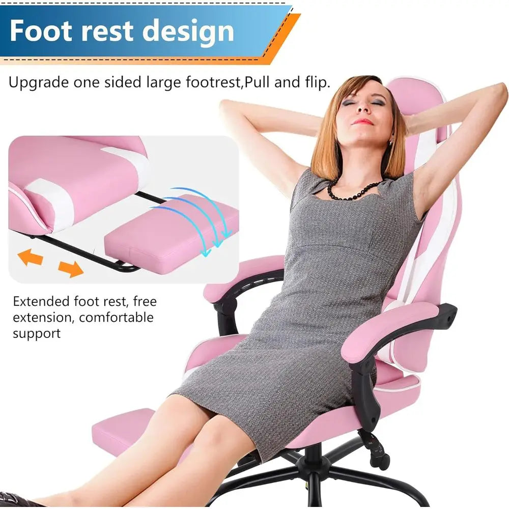 Pink Ergonomic Racing Style Gaming Chair with Lumbar Support, Adjustable Armrests, and Swivel Function