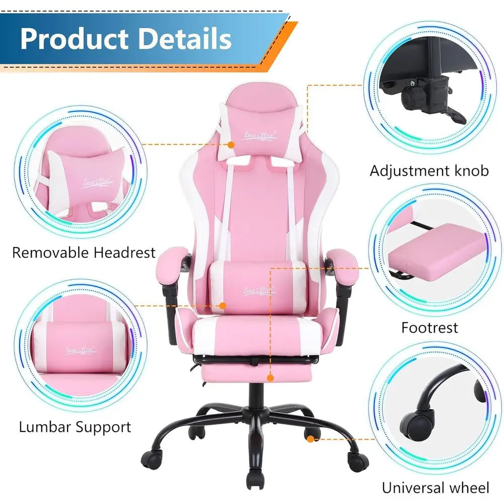 Pink Ergonomic Racing Style Gaming Chair with Lumbar Support, Adjustable Armrests, and Swivel Function